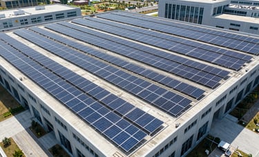 An expansive aerial shot of a large, modern commercial building in a North American business park. The entire flat roof is covered in a vast array of high-tech solar panels, reflecting the bright midday sun, emphasizing sustainability at scale.