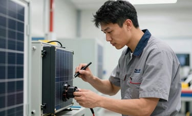 A professional technician in a clean, branded North American work uniform performing a maintenance check on a solar inverter system located in a brightly lit, modern utility space. The focus is on precision and professional expertise.
