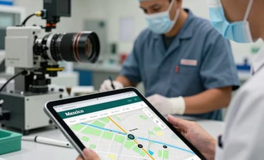 Action photography of a technician in a clean uniform at a Mexican workshop, appearing as a top result on a tablet map interface, bright and trustworthy lighting.