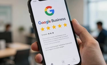 Close-up photography of a smartphone screen displaying a Google Business profile of a Mexican local service with five stars, held by a professional in a modern office.