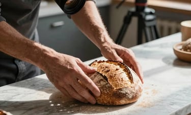 Close-up of a photographer's hands adjusting a sourdough loaf on a marble counter in a sunlit European bakery, professional camera and tripod visible, high contrast with warm and cool tones.