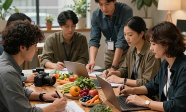 A group of digital marketing professionals in a cozy, warm-lit studio in a North American city, collaborating over a wooden table covered in local organic produce, cameras, and sketches.