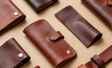 A collection of various specialized leather artifacts, including technical covers and heavy-duty straps, arranged on a tan-colored surface. The style is modern, industrial, and clean, reflecting South American craftsmanship expertise.