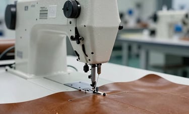 Modern industrial production line for leather goods. A heavy-duty sewing machine stitch detail on thick medium-brown leather. The background shows a clean, organized factory environment in South America / Brazil. Lighting is professional and bright.