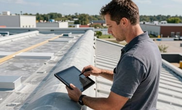 A North American / US commercial roofing specialist documenting the condition of a large retail complex roof during a scheduled maintenance visit. The specialist uses a tablet for inspection, showing a clean, structured, and professional approach to property management. Clear blue sky and industrial rooftops in the background.