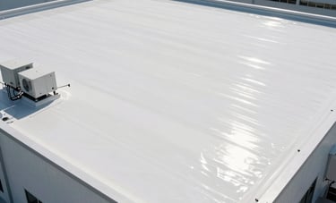A crisp, professional photograph of a newly installed commercial white TPO flat roof on a modern distribution center in North America / US. The composition highlights the expansive, clean white surface reflecting the sunlight, surrounded by professional-grade mechanical units. The image conveys modern durability and structural precision.