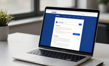 A professional workspace featuring a sleek laptop on a minimalist desk. The screen shows a clean, modern email newsletter layout. Soft, natural light from a large window. Atmosphere is trustworthy and sophisticated. Spanish-speaking / Global context. Cornflower blue and navy blue elements.