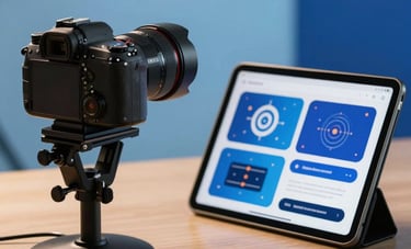 A high-end creative studio setup with a digital camera and a tablet displaying aesthetic graphic designs. The lighting is professional and warm, creating a sense of expertise and quality. Spanish-speaking / Global context. Sky blue and royal blue accents.