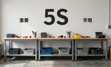 A minimalist photograph of a clean, well-organized industrial workspace in Texas, showcasing 5S principles with clear organization and orderly tools. Natural bright light, professional composition, North American setting.