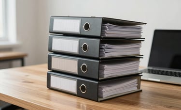 A minimalist photograph of a organized stack of professional quality manual binders and a laptop on a clean wooden desk, suggesting documentation excellence. North American business environment, bright and airy.