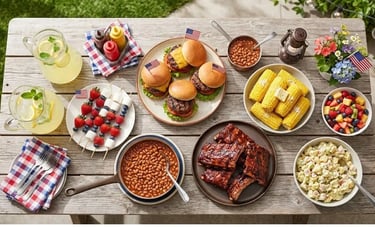 Classic 4th of July party foods include burgers, BBQ ribs, corn on the cob, and lemonade.