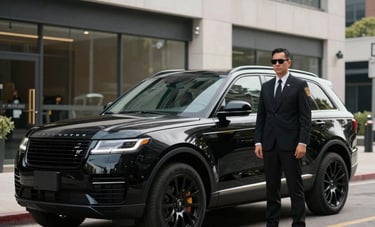 A sleek, black high-end SUV parked on a clean North American city street. A security professional in a well-tailored black suit and sunglasses stands beside the vehicle. Modern architecture background, sharp and serious mood.