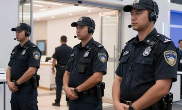 Security personnel with communication earsets standing at the entrance of a high-profile event venue. The setting is professional with white and silver decor. Clean, modern North American event space lighting.