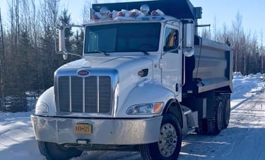 White Peterbilt dump truck parked on a snowy winter road with forest background.