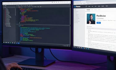 A professional web developer's workspace with dual monitors showing lines of code and a complex website layout. Dark blue and purple lighting accents, tech startup atmosphere in France.