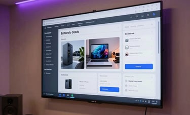 A high-tech creative studio in Lyon, featuring a large wall-mounted screen displaying a sophisticated e-commerce dashboard. Elegant, warm architectural lighting with purple ambient glow.