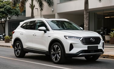 A professional photography shot of a sleek, white modern SUV parked in a clean, contemporary Brazilian urban street with palm trees and modern architecture in the background. The style is clean and high-end, representing reliability and status.