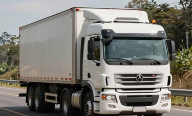 A detailed photograph of a large, modern commercial truck driving on a well-paved highway through a scenic South American landscape during daylight. The lighting is bright and professional, highlighting the durability and strength of the vehicle.