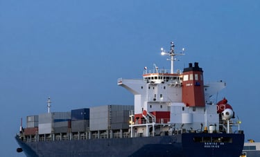 A wide-angle photography shot of a cargo ship at a British port during blue hour. Sophisticated lighting, emphasizing global connectivity and scale. Dark navy and steel blue tones.