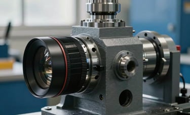 Close-up of high-quality industrial machinery components in a clean, professional workshop. Natural daylight from high windows. Sharp focus and sophisticated slate gray and steel blue colors.