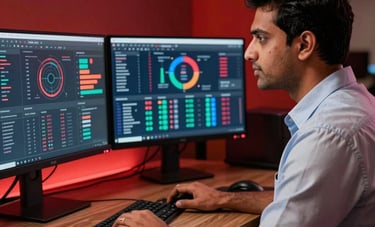 A professional digital marketer, a South Asian man in a smart casual outfit, looking at a multi-monitor setup in a premium corporate office. The screens show vibrant marketing analytics and social engagement data. Bold deep red lighting highlights the workspace edges.