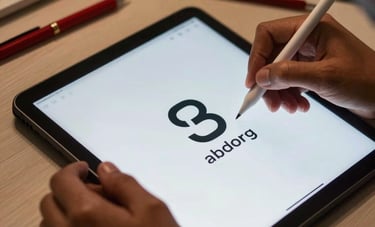 Close-up photography of a professional designer's hands using a stylus on a high-resolution tablet in an Indian design studio. The screen shows a minimalist brand logo being refined. The lighting is focused and warm, with deep red stationery nearby.