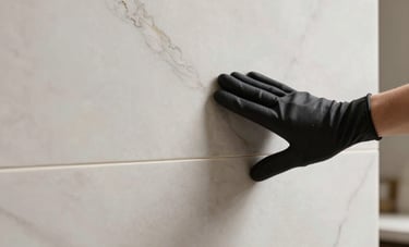Close-up of a luxury interior finish in a Brazilian home. A hand wearing a professional glove runs over a perfectly installed large-format marble slab with thin taupe veins. The lighting is soft and elegant, highlighting the matte texture of the stone and the clean lines of the joinery. Minimalist and sophisticated craftsmanship mood.