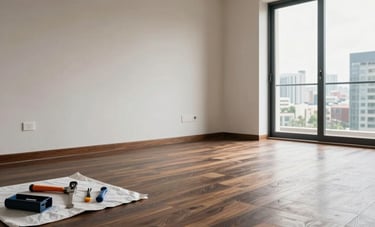 Interior photography of a South American luxury apartment during a clean renovation process. New dark wood flooring is being installed alongside off-white walls. The scene is tidy, showing professional tools organized on a protective mat. Large windows show a blurred cityscape. Sophisticated and reliable atmosphere.