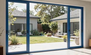 Wide-angle photography of large, floor-to-ceiling sliding glass patio doors in a bright North American living room. The frames are slim steel blue aluminum. Sunlight streams through the glass, showcasing a seamless transition to a sophisticated backyard terrace. Minimalist and airy aesthetic.