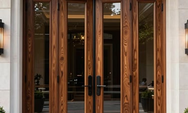 A high-end architectural photograph of an oversized wood and glass pivot door at the entrance of a luxury North American estate. The wood grain is rich and sophisticated, set against off-white stone walls. The lighting is dramatic and elegant, emphasizing the massive scale.