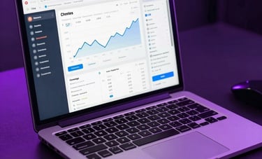 Close up of a luxury workspace in Mumbai, high-end laptop showing an e-commerce dashboard with sales trends, glassmorphism design elements, vibrant purple neon ambient light on dark surfaces.