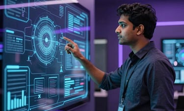 Futuristic AI lab interior in Bangalore, South Asian tech professional gesturing at glowing data visualizations on glass screens, premium deep purple and black aesthetic with neon blue accents.