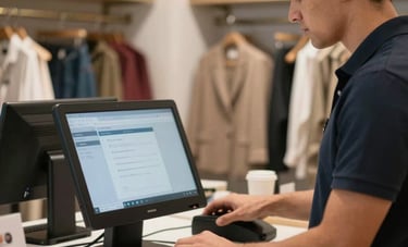 A stylish Latinoamericano / Hispano retail boutique employee processing a sale using a modern point-of-sale system. The environment is elegant and organized, highlighting the precision and ease of the administrative software.
