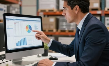 A Latinoamericano / Hispano manager in a professional office setting overlooking a commercial warehouse, analyzing statistical charts and data on a desktop screen. The lighting is crisp and modern, featuring dark blue and off-white tones.