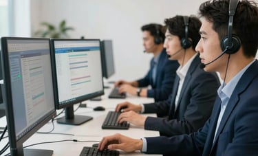 A professional North American / US tech support team collaborating in a bright, modern office. They are looking at large monitors displaying system status updates, with deep navy and soft white interior accents.