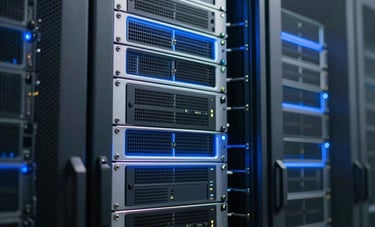 A close-up of a high-tech data server room in a North American / US facility with steel blue LED lighting. The composition is sleek and modern, conveying reliability and advanced technology.