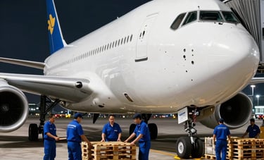 A large cargo plane at a modern international airport terminal at night, ground crew in royal blue uniforms loading pallets under bright white spotlights, professional and efficient atmosphere.