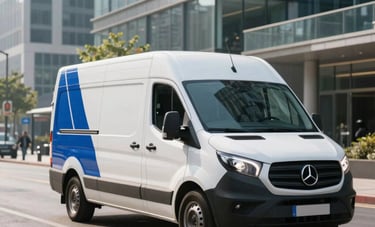 A professional white delivery van with royal blue accents driving through a modern city street with clean glass buildings, bright morning light, representing efficient urban logistics, international setting.
