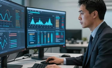 A professional analyst in business attire in a sleek North American office, focusing on high-security data dashboards across multiple monitors with soft blue ambient lighting.