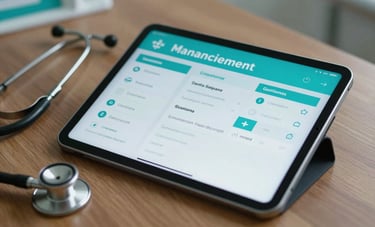 Close-up of a high-tech tablet showing a patient management dashboard on a wooden desk in a South American / Brazilian medical clinic. A stethoscope is partially visible, with professional and trustworthy soft lighting in turquoise and teal tones.