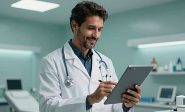 A South American / Brazilian male doctor in a modern white coat, looking satisfied while reviewing a digital health report. The background is a high-end medical facility with empathetic and reliable lighting, utilizing a dark teal and mint color scheme.