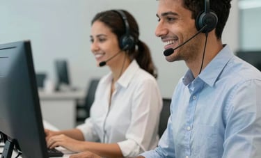 Two smiling South American professionals working in a modern call center in Brazil. They are wearing headsets and looking at computer screens. The environment is clean and brightly lit, with steel blue and pale blue accents.