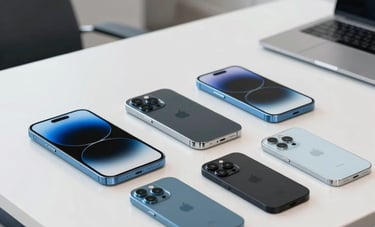 A collection of high-end smartphones and electronic gadgets neatly arranged on a minimalist white table in a bright South American office environment. The style is clean, modern, and professional, using a palette of white and various shades of blue.