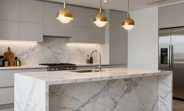 A wide shot of a luxurious kitchen island made of white marble with charcoal gray veining, gold pendant lighting overhead, set in a modern North American / US - Los Angeles penthouse.