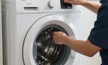 Close-up of a modern front-loading washing machine in a well-lit laundry room. A technician wearing professional dark blue overalls is checking the control panel. Middle Eastern / Gulf residential setting. Sharp focus, professional photography style.