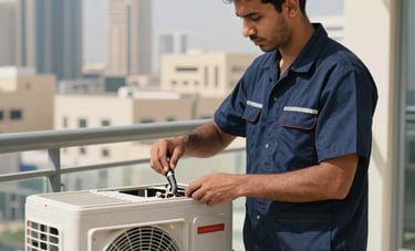 Technician in a professional uniform working on a split air conditioning unit on a balcony in Dubai Silicon Oasis. Blurred urban background under a clear sky. Palette of navy blue and white. Middle Eastern / Gulf professional setting.