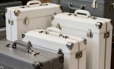 A collection of luxury leather suitcases and travel trunks in a sophisticated European workshop. The lighting is diffused, emphasizing the slate grey and pearl white tones of the setting. The composition is elegant and focused on the durability and premium finish of the items, reflecting professional expertise.