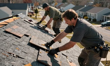 A high-action photograph showing a skilled roofing crew in professional work attire removing old shingles and installing new underlayment on a steep-pitched roof in North American / US / New Jersey. The background shows a quiet residential neighborhood under a bright morning sun.