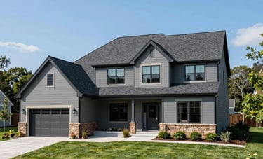 A wide-angle professional photograph of a newly installed, dark gray shingle roof on a beautiful modern two-story suburban house in North American / US / New Jersey. The lawn is perfectly manicured, and the sky is clear blue, emphasizing the clean lines and curb appeal of the home.