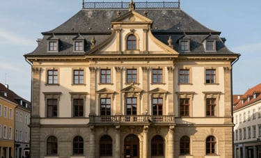 An elegant historical town hall in a classic German city square. Warm sunlight illuminates the stone facade. A clean, professional environment reflecting public stability. Central European / German architecture with slate grey and parchment tones.